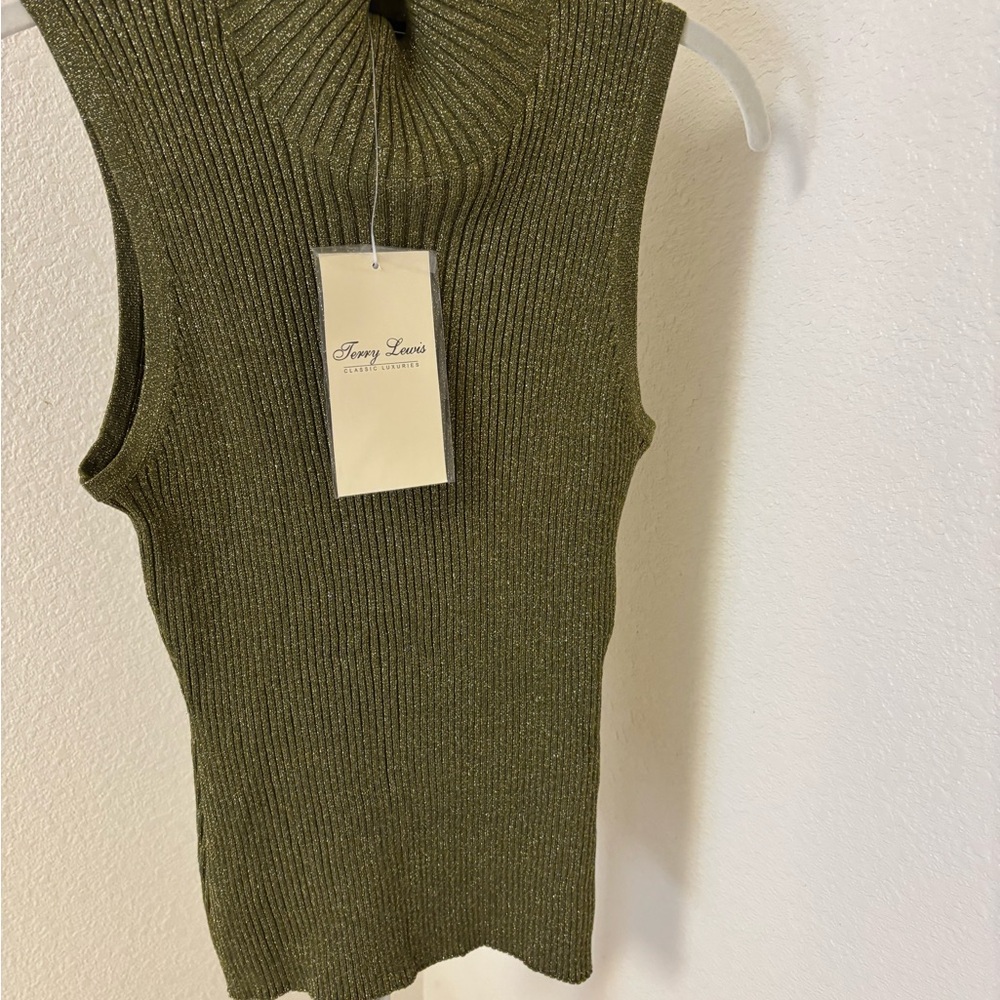 Terry Lewis Classic Luxuries Olive Silk Lurex Mock Neck Sleeveless Top NWT